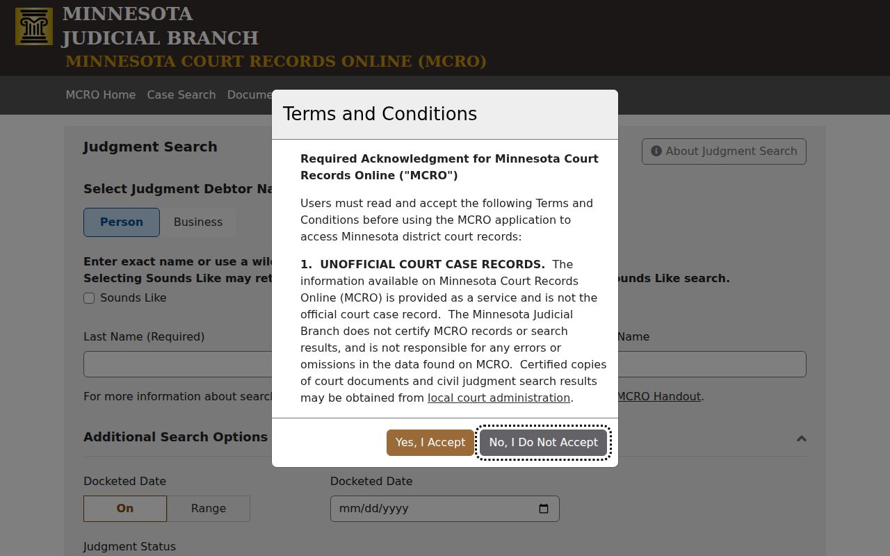 Big Stone County civil docket judgment search fields