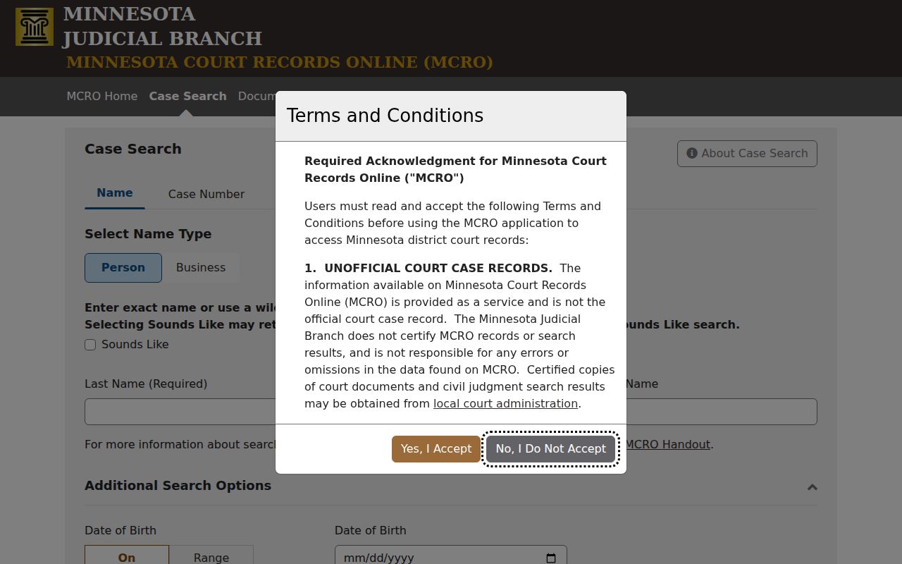 Big Stone County criminal docket MCRO case search fields